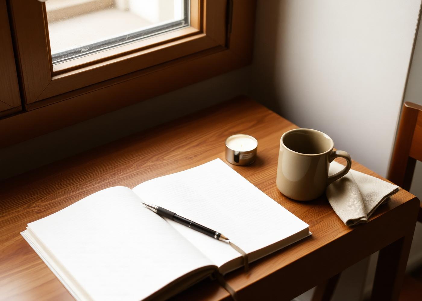 Caderno aberto, vela e caneca sobre mesa de madeira ao lado da janela